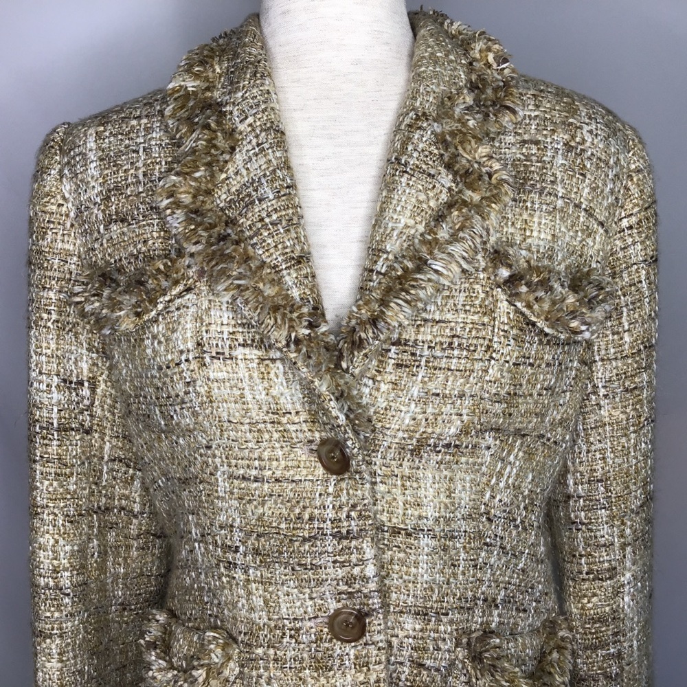 LIA Lee Blazer Size Medium Jacket Soft Tweed Fringe Button Down Tan Brown - Picture 4 of 12